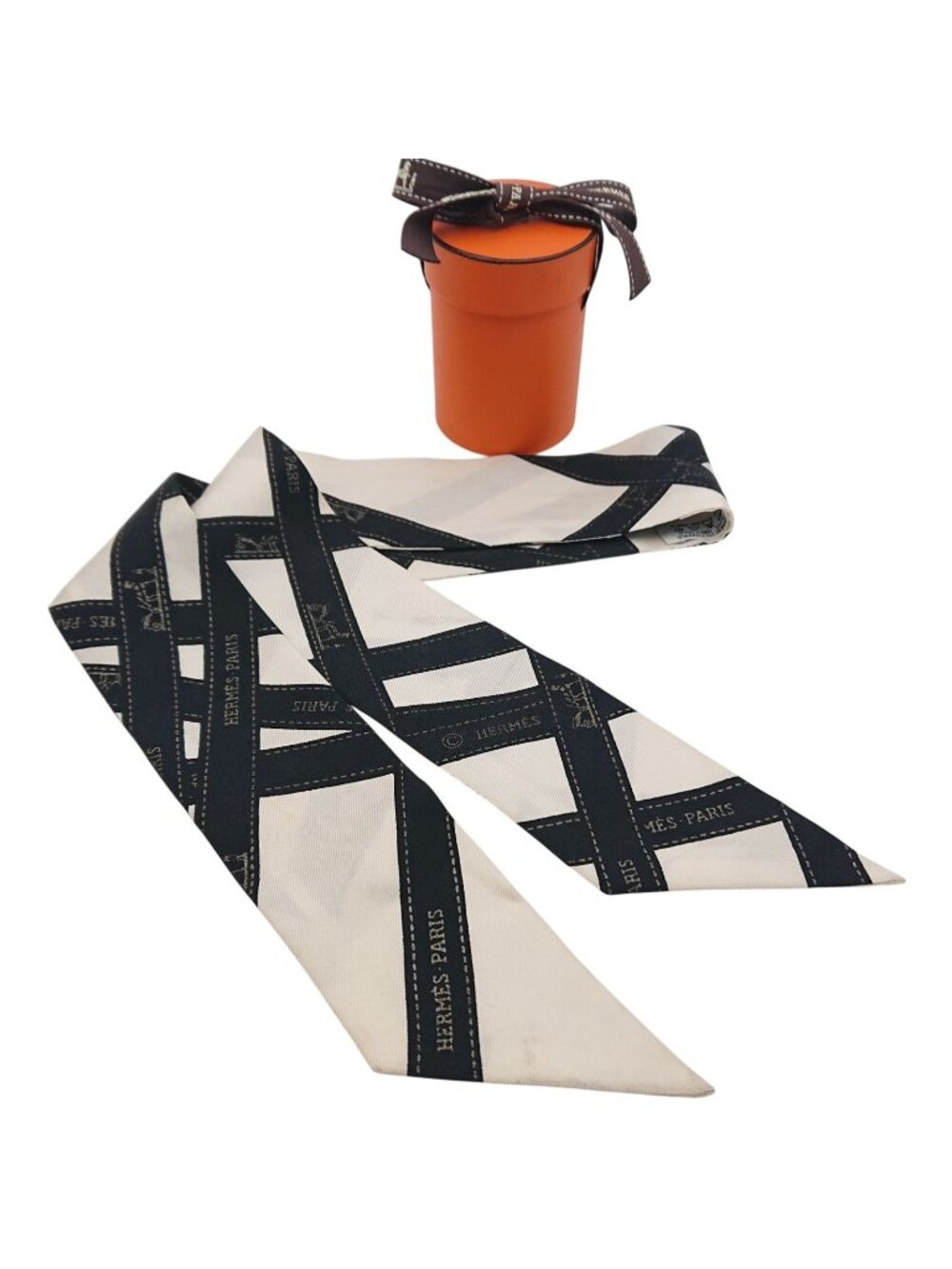 Hermes Twilly Bolduc Ribbon Pattern White Black Scarf - Picture 1 of 12